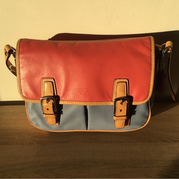 Coach Park Colorblock Crossbody Flap Bag Coral & Blue - Picture 1 of 9